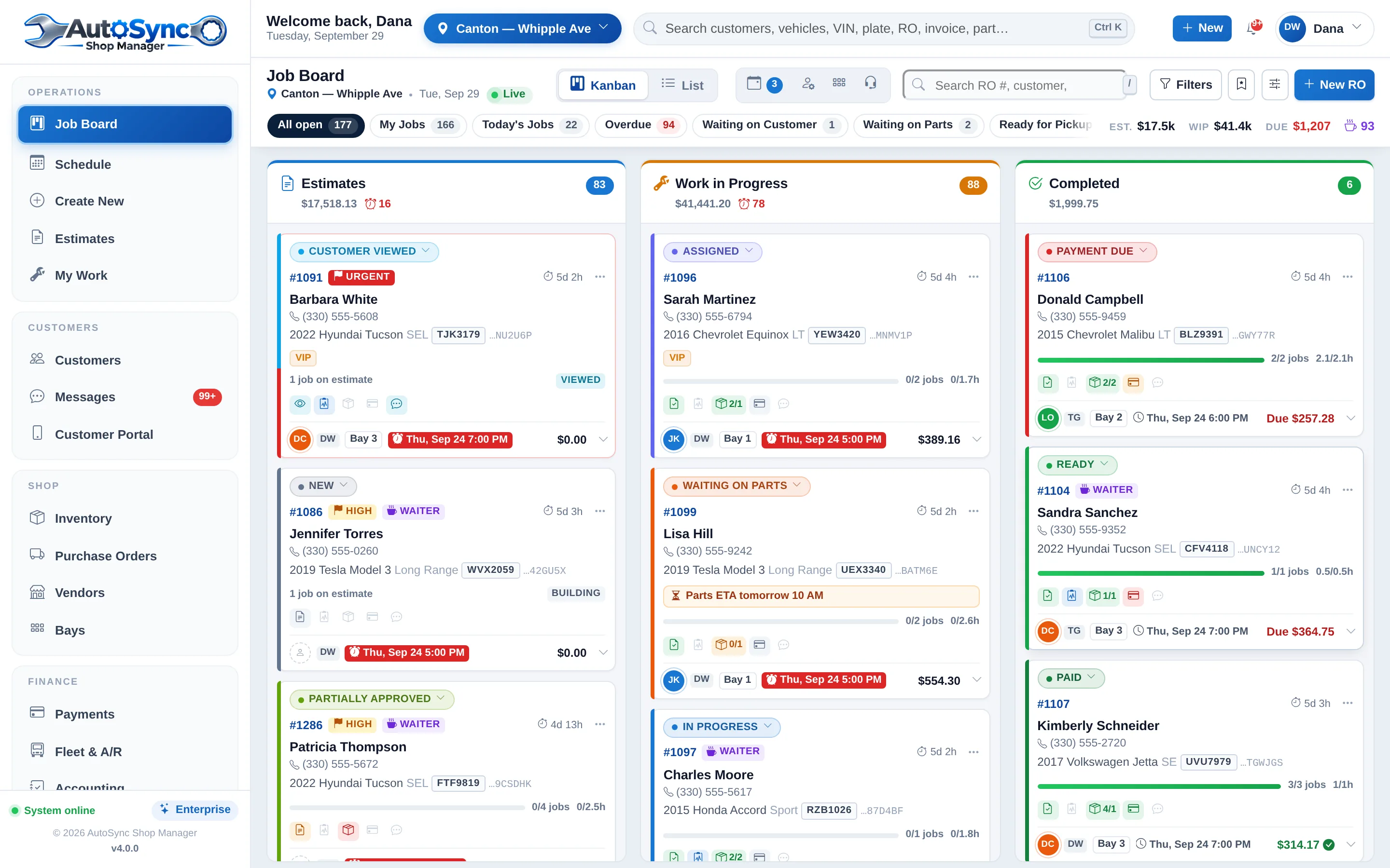 The AutoSync Job Board with repair orders by stage